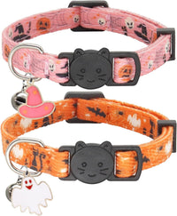 Halloween Cat Collar, Cotton 2 Pack Cat Collar with Bells - Halloween Pink / 7-11''