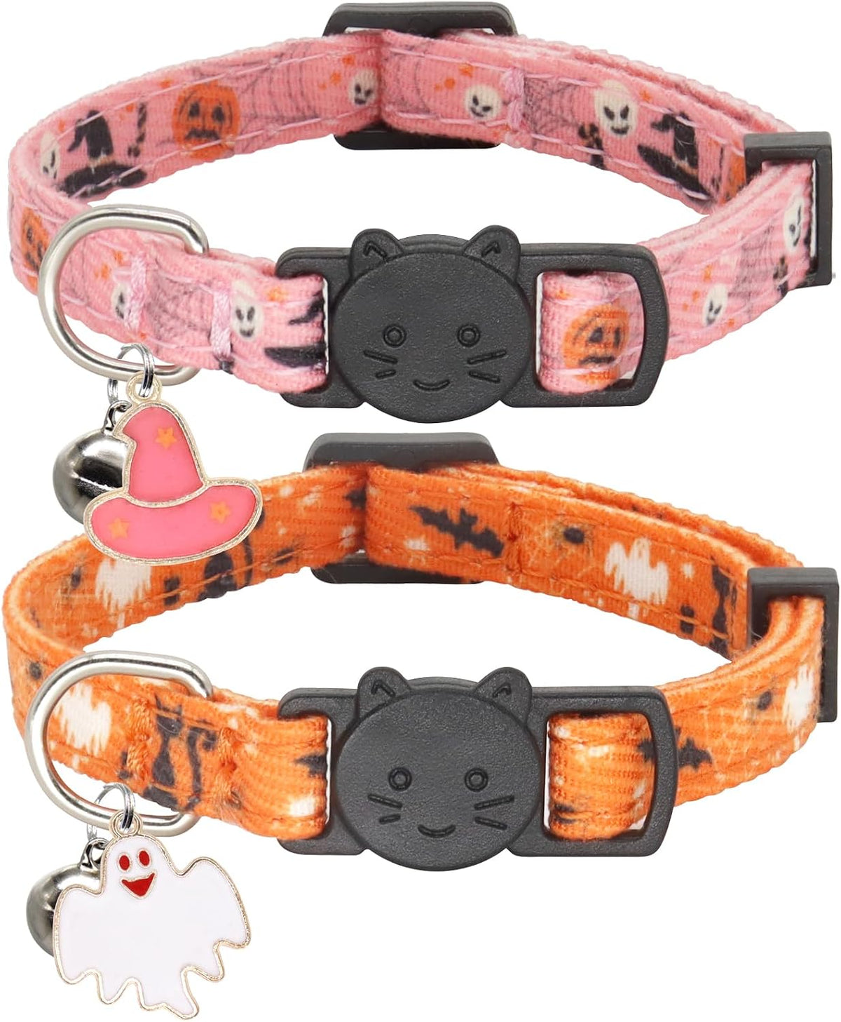 Halloween Cat Collar, Cotton 2 Pack Cat Collar with Bells - Halloween Pink / 7-11''