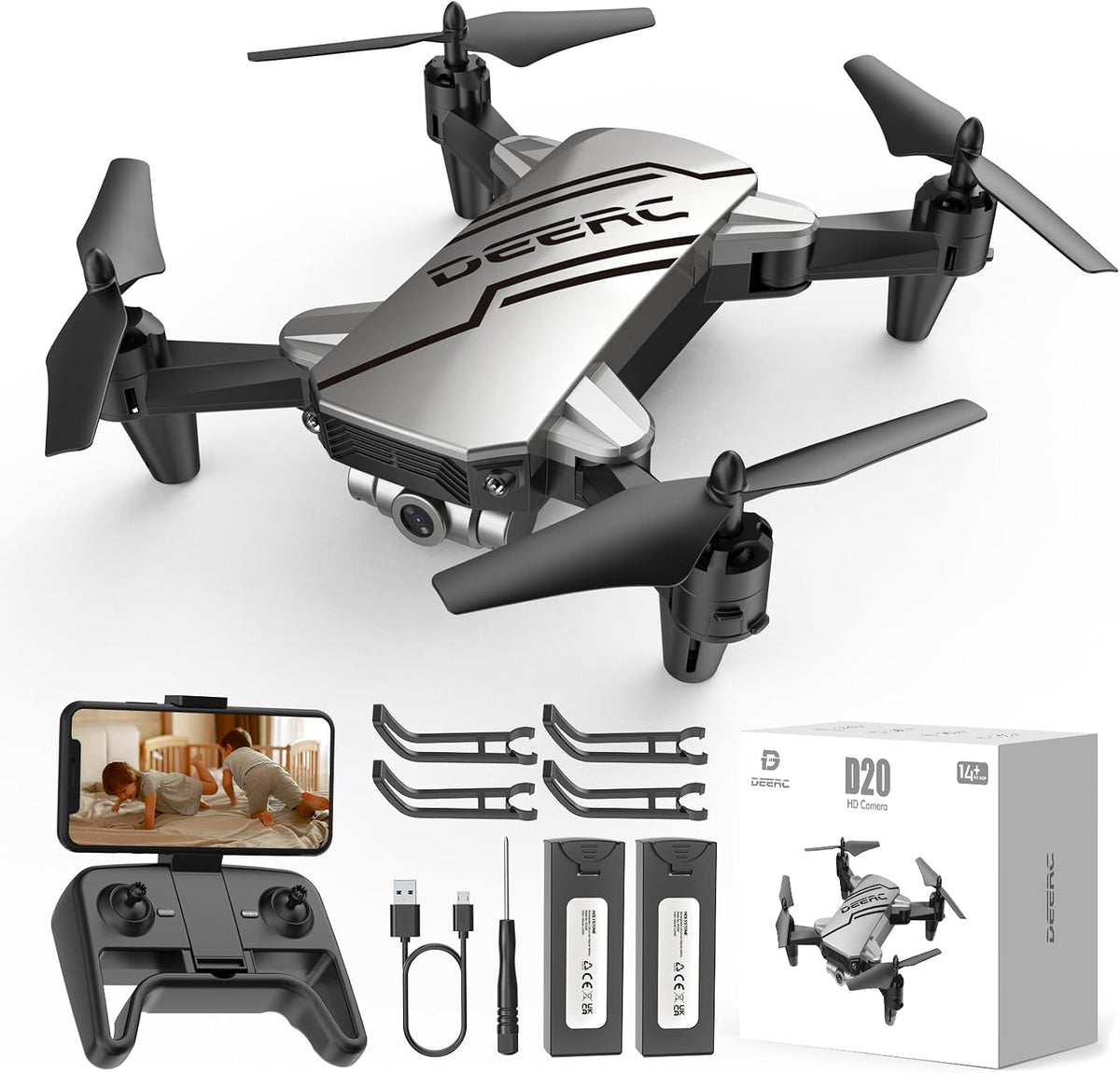 DEERC D20 Mini Drone for kids 1080P HD FPV Camera Remote Control - D20-Silver