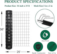 Black PVC Coated Welded Wire Fence 36 Inch x 25 Foot, 2 Inch x 3 Inch 16GA, Garden Border Fencing Roll Vinyl Coating Metal Wire Mesh for Yard Vegetable Plant Protection Poultry Netting