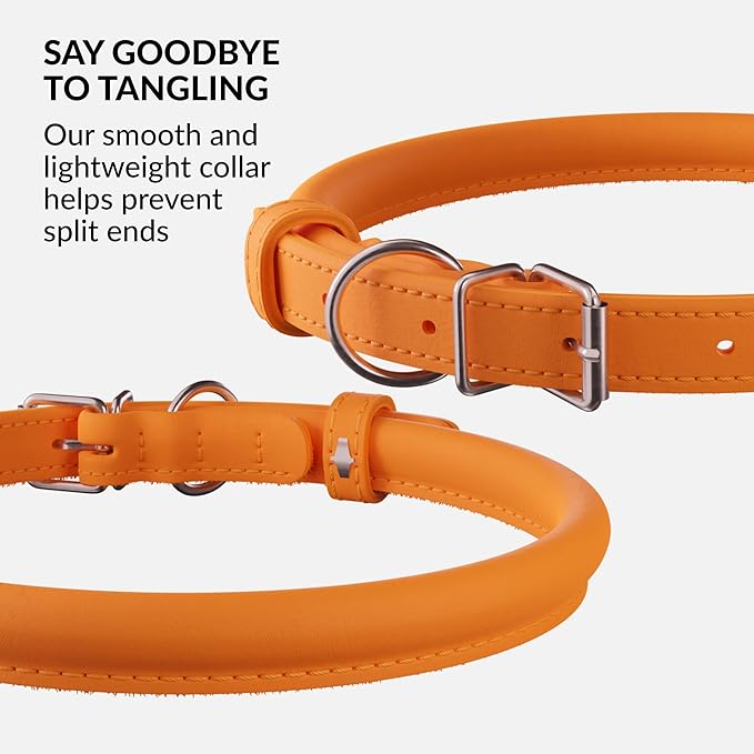 CollarDirect Rolled Leather Dog Collar, Soft Padded Round Puppy Collar, Handmade Genuine Leather Collar Dog Small Large Cat Collars 13 Colors (11-14 Inch, Orange Smooth)