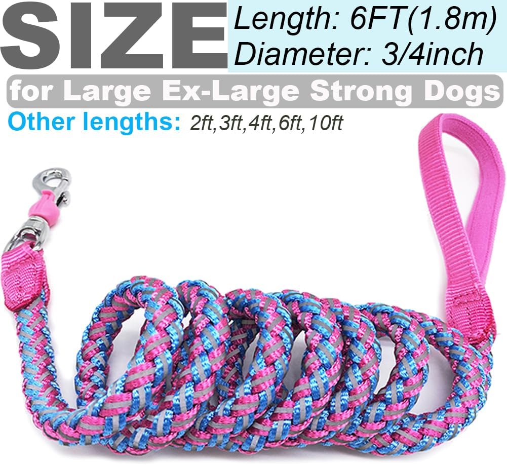 Reflective Dog Leash 2/3/4/6/10ft Braided 1/2" Strong Nylon Rope – Essentials for Dogs - 6ft * 3/4" / Pink - image 4