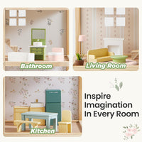 Tiny Land Wooden Dollhouse for Girls, 6 Rooms Wooden Doll House - Green - image 4