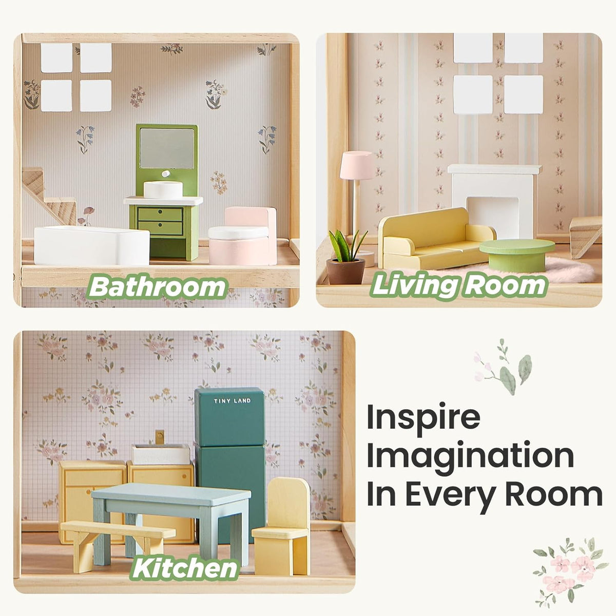 Tiny Land Wooden Dollhouse for Girls, 6 Rooms Wooden Doll House - Green - image 4