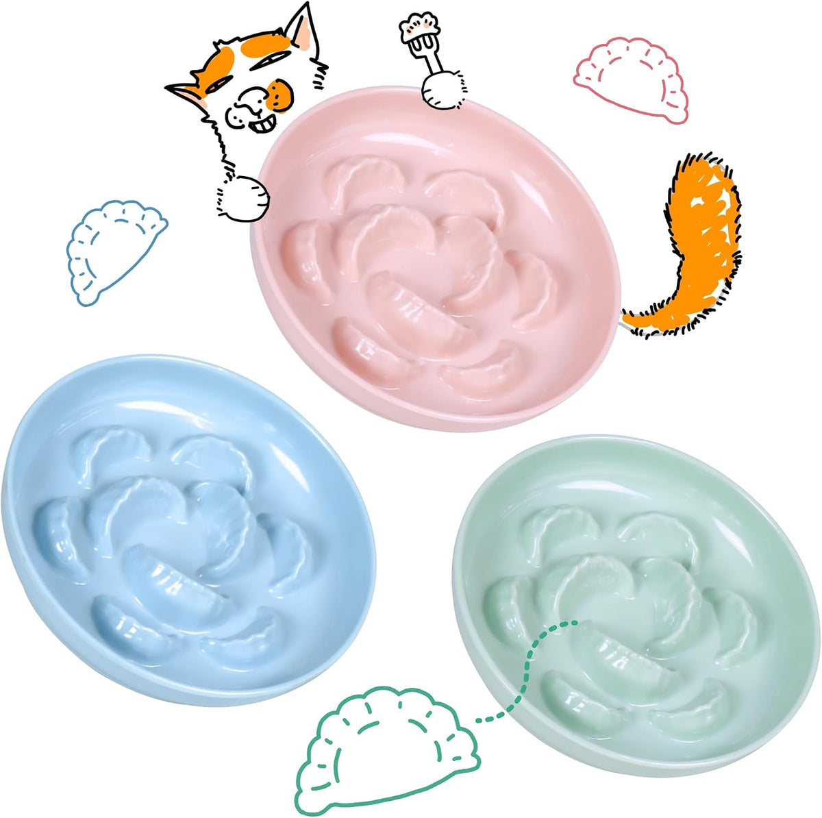 Slow Feeder Bowl for Cats and Small Dogs - 3 Pack - Pink+Blue+Green / 6.3''W x 1.5''H