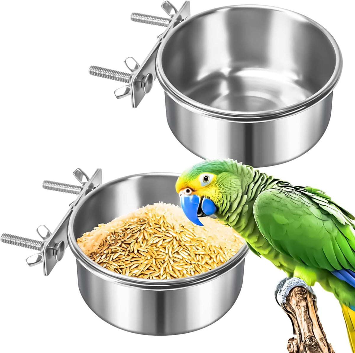 3 Pack Bird Feeding Bowls Cups Parrot Food Water Dishes - Double Clamps / 2 Pack