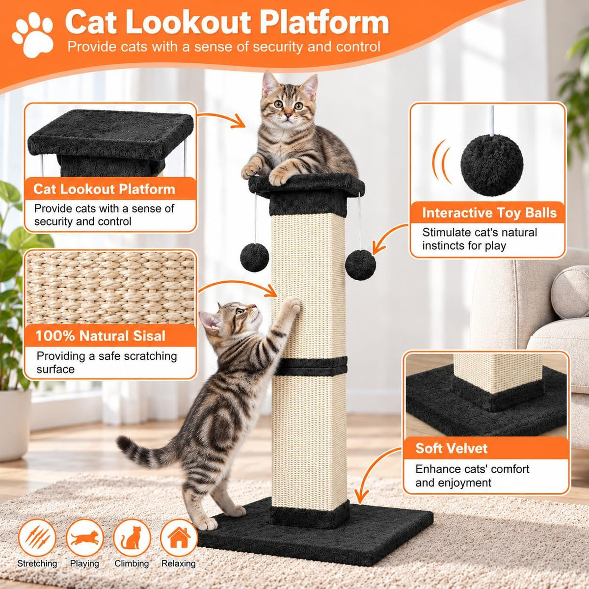 SOCATER Cat Scratching Post 33 Inch, Beige – Essentials for Cats - Black - image 4