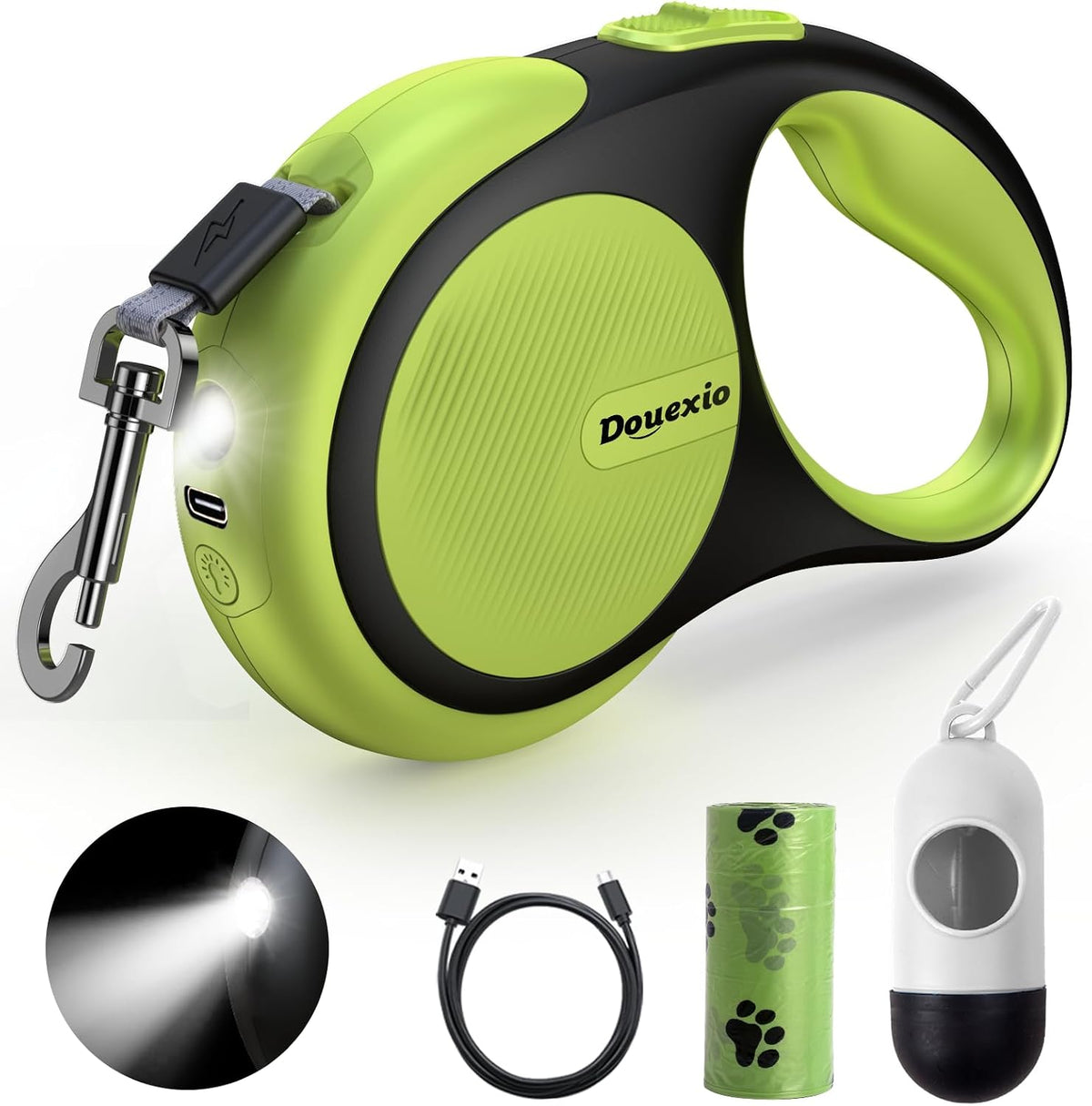 Retractable Dog Leash with LED Flashlight - Black-Green