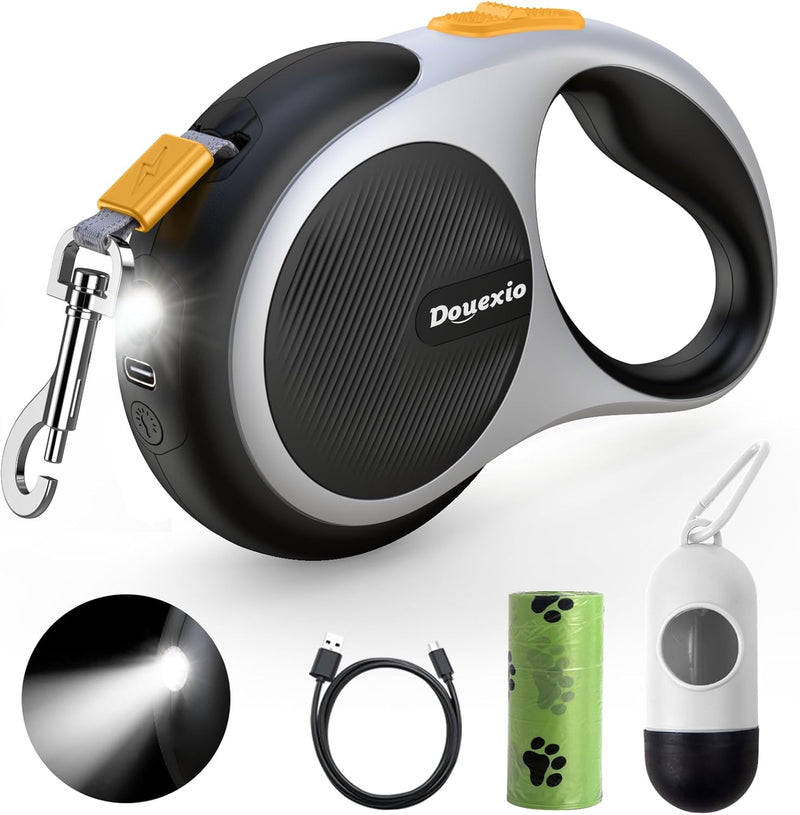 Retractable Dog Leash with LED Flashlight - Black-White