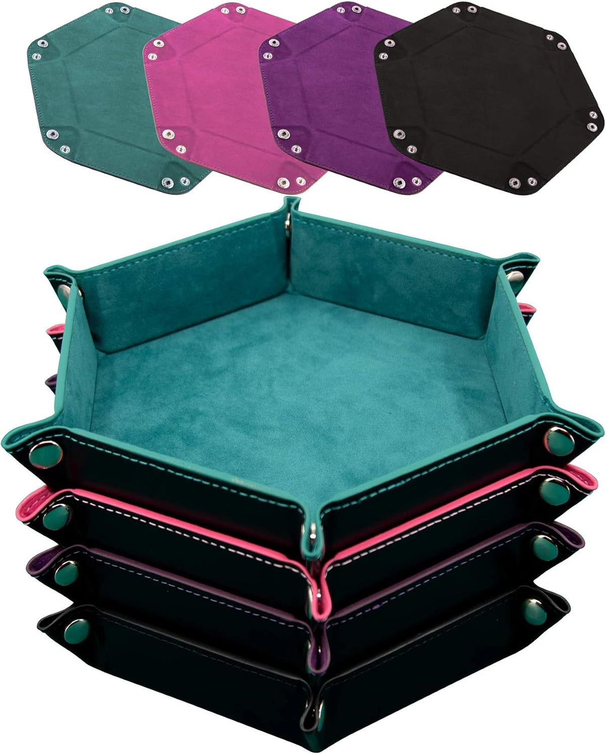 SIQUK 4 Pieces Dice Tray Set Foldable Dice Trays Hexagon Dice Rolling - Cyan, Pink, Violet and Black