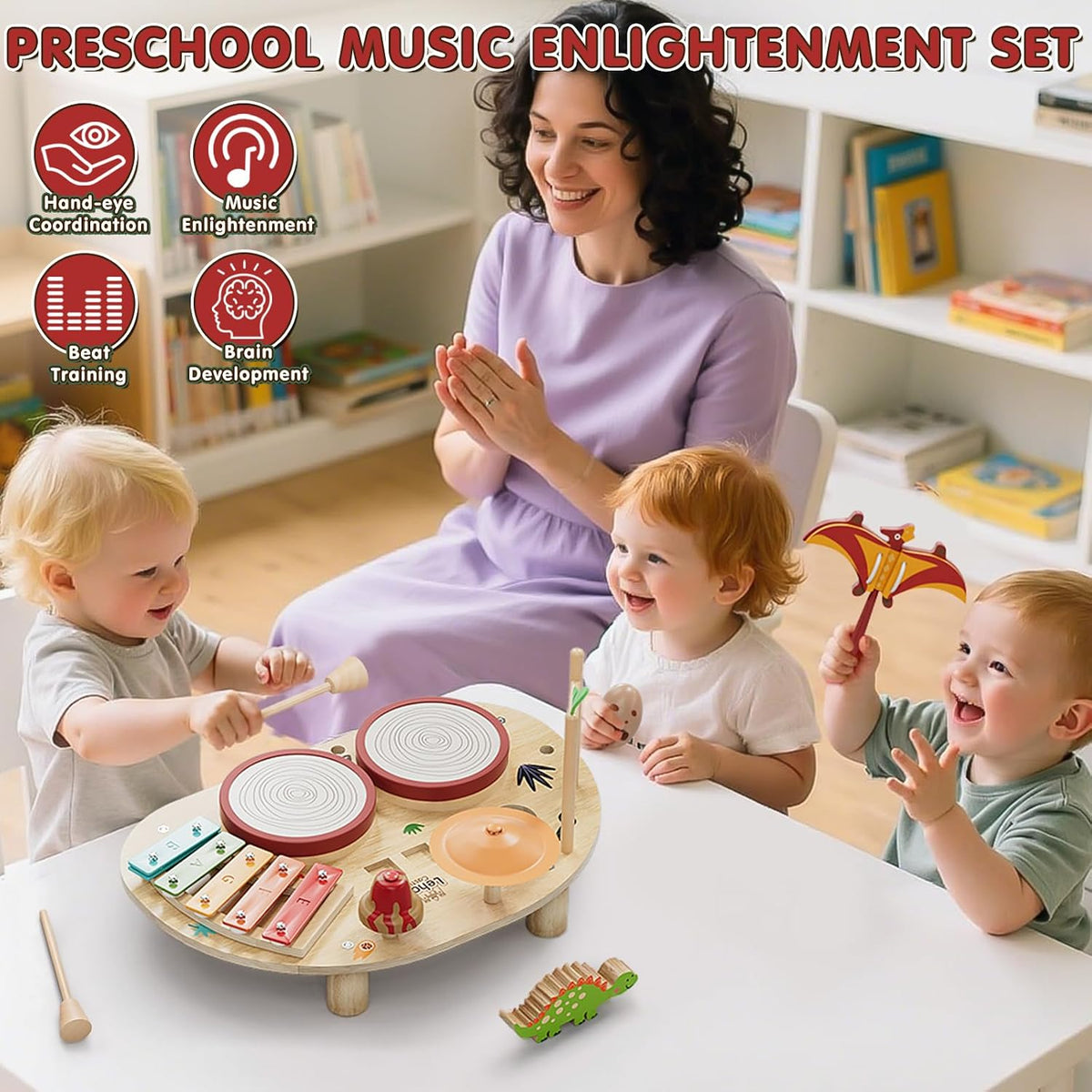 Lehoo Castle Toddler Drum Set Wooden - Dinosaur - image 3