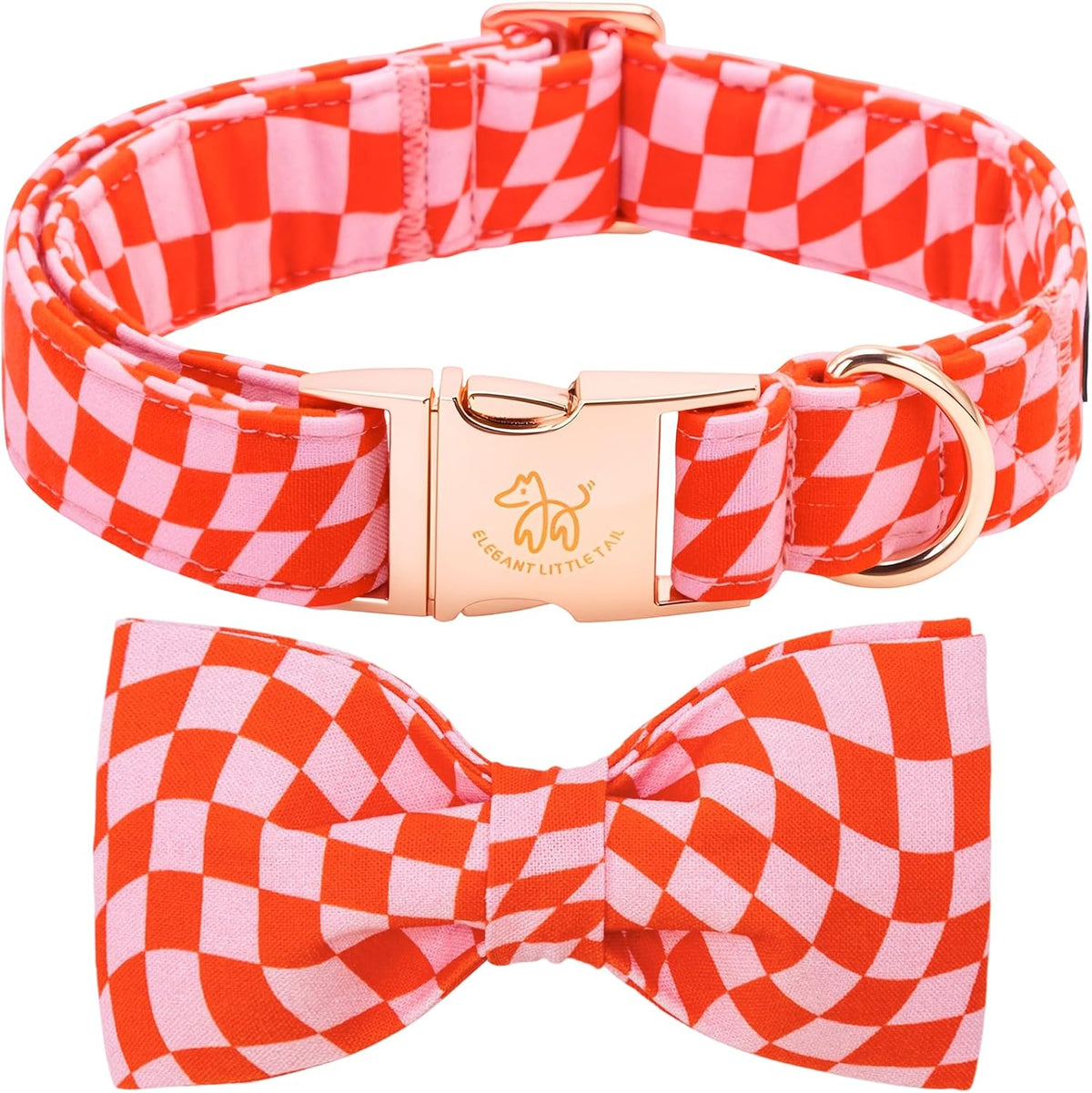 Dog Collar with Bow, Elegant Little Tail Blue Plaid Boy Dog Collar Cute Bow – Essentials for Dogs - Pink Checked / Medium (Pack of 1)