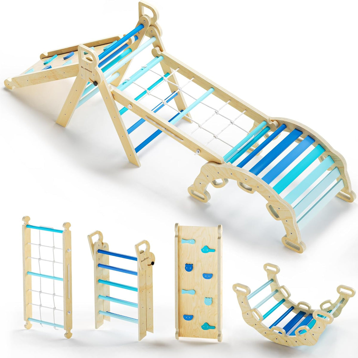 BlueWood 10-in-1 Pikler Triangle Set - Sky Blue / Classic
