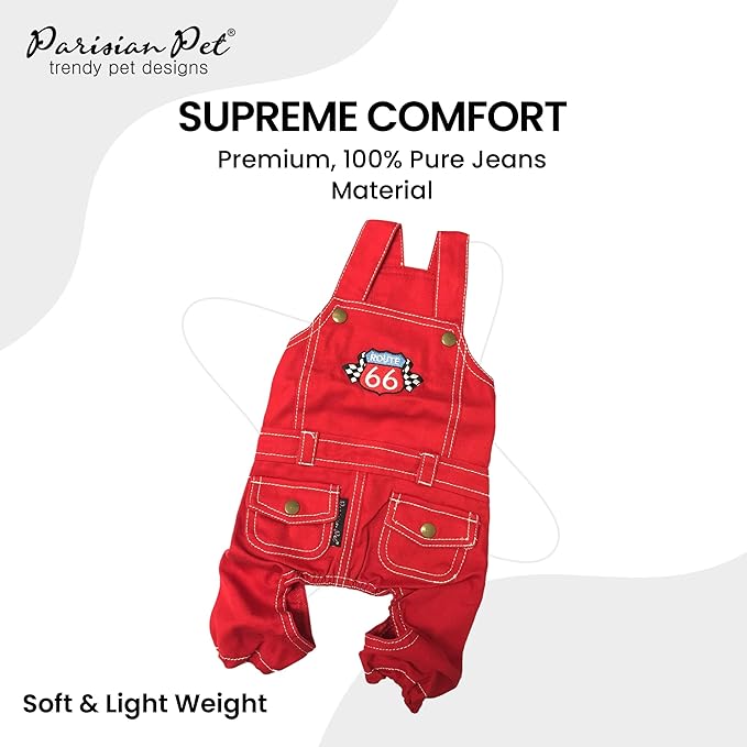 Parisian Pet Denim Overall - Embroidered Route 66 ' Red Jumpsuit - Breathable & Washable Dog Outfit - Dog Overalls XL