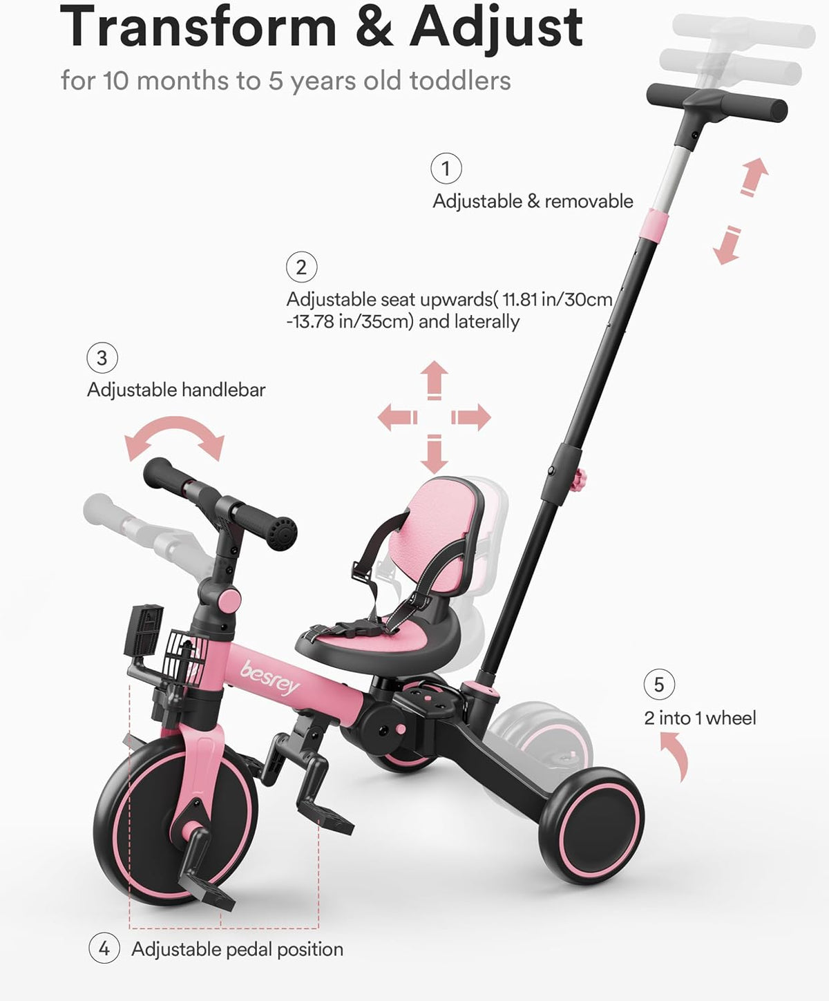 besrey Folding Toddler Tricycle-to-Balance Bike with Push Handle - Pink - image 4