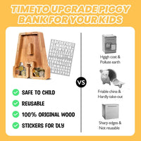 KMC wooden letter piggy bank, oak initial coin bank with clear plexiglass front - view 40
