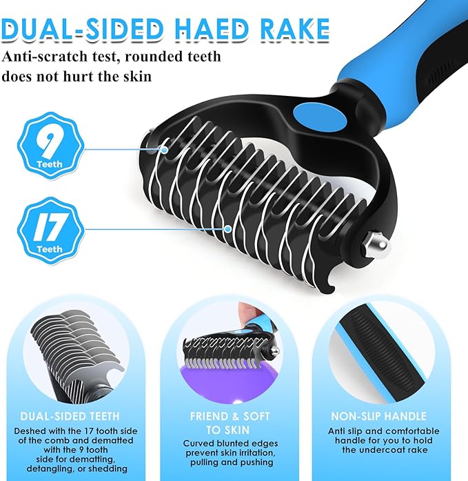 Large Slicker Brush for Dogs - 3PC Pet Grooming Kit - Undercoat Rake & Stainless Comb | Long Pins Remove Mats on Poodles, Golden, Labradoodles | Thick Coat Deshedder for Dogs, Cats, Blue