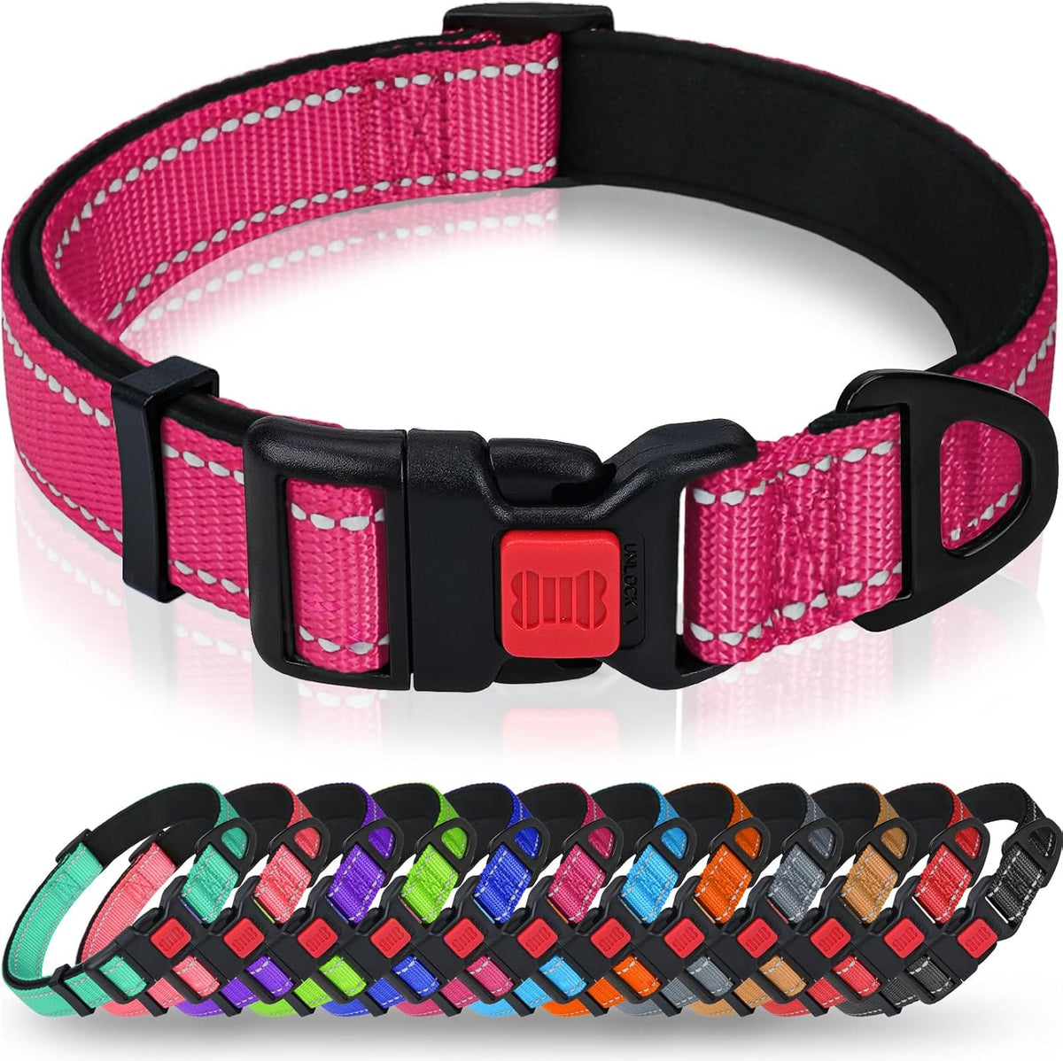 Taglory Reflective Large Dog Collar - Hot Pink / Large (Pack of 1)