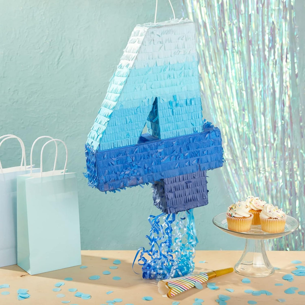 BLUE PANDA Pull String Pinata Number 5, Ombre Blue - Number 4 - image 2