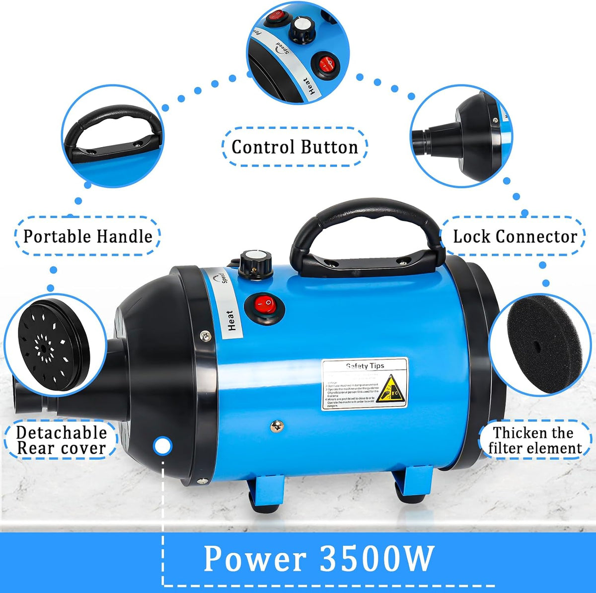 Dog Dryer for Large Dogs 5.2HP 3800W High Velocity Pet Hair Dryers – Essentials for Dogs - Blue - image 3
