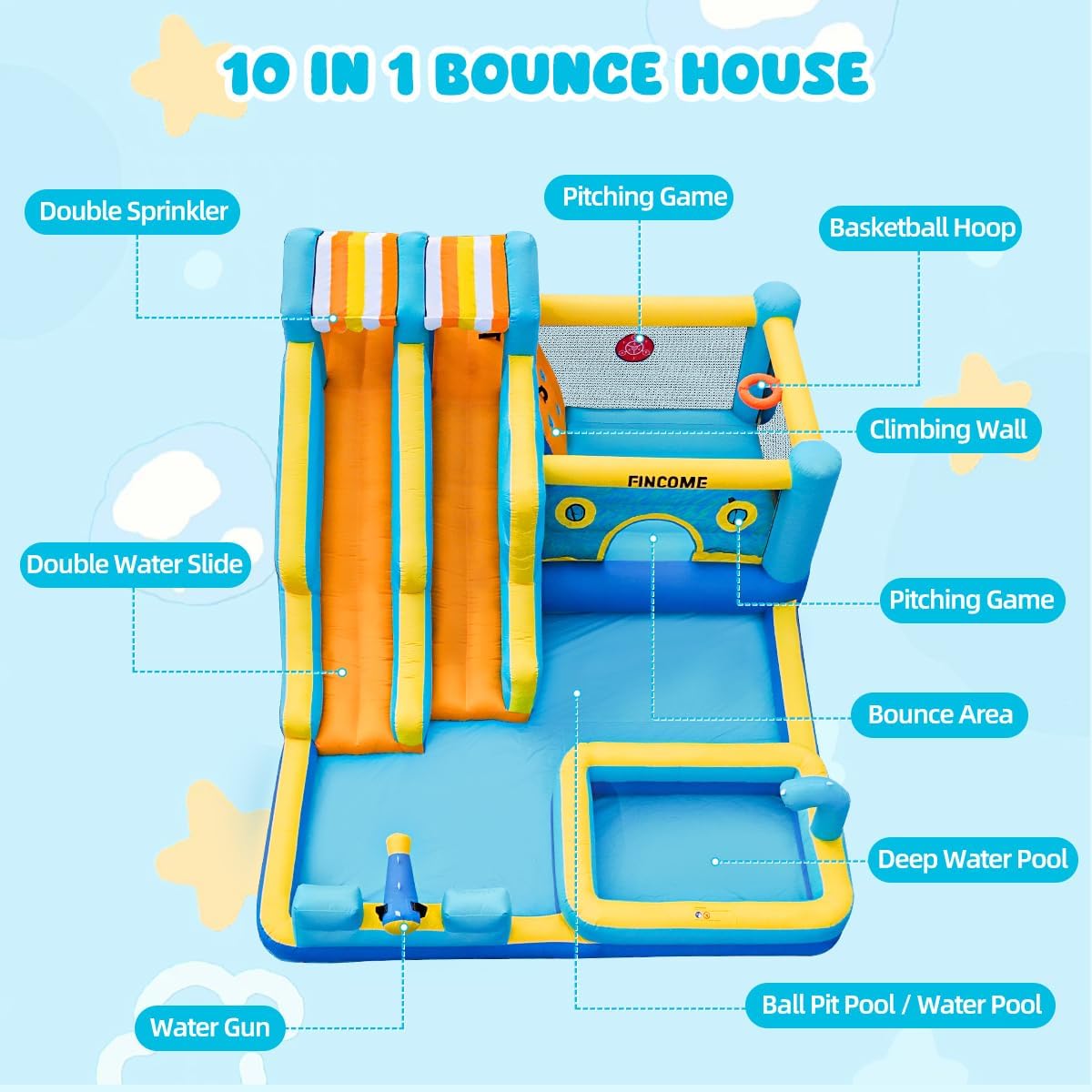 FINCOME 10 in 1 inflatable bounce house with double water slides, climbing wall and splash pool - view 7