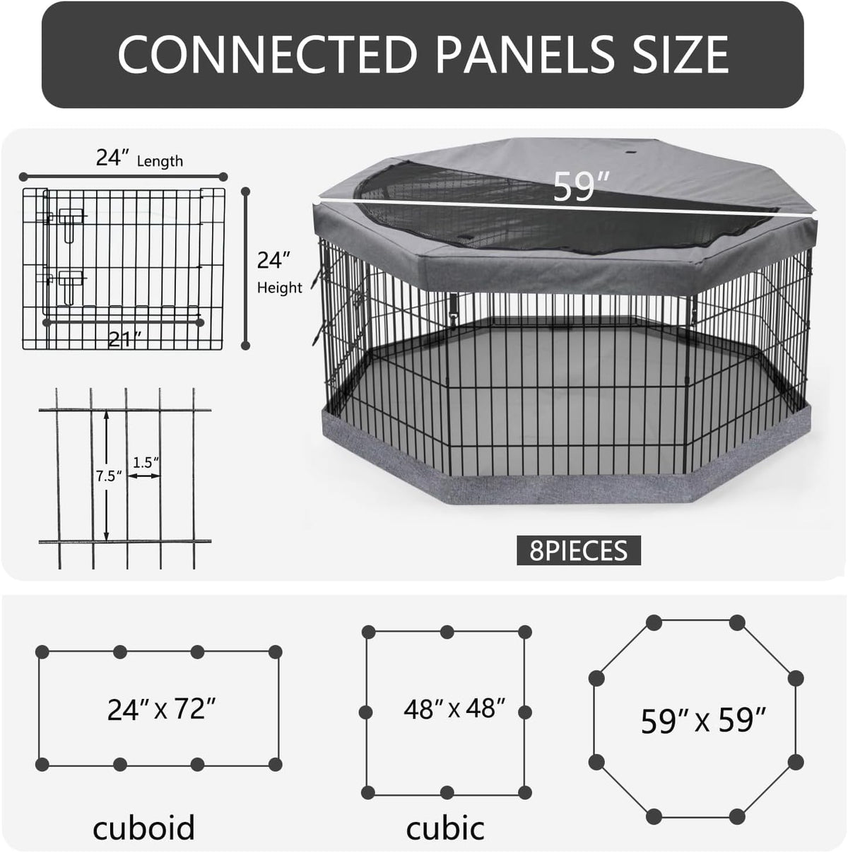 Foldable Metal Dog Exercise Pen/Pet Puppy Playpen Kennels Yard Fence - Gray / 24''H / Playpen+Bottom+Top Cover - image 3