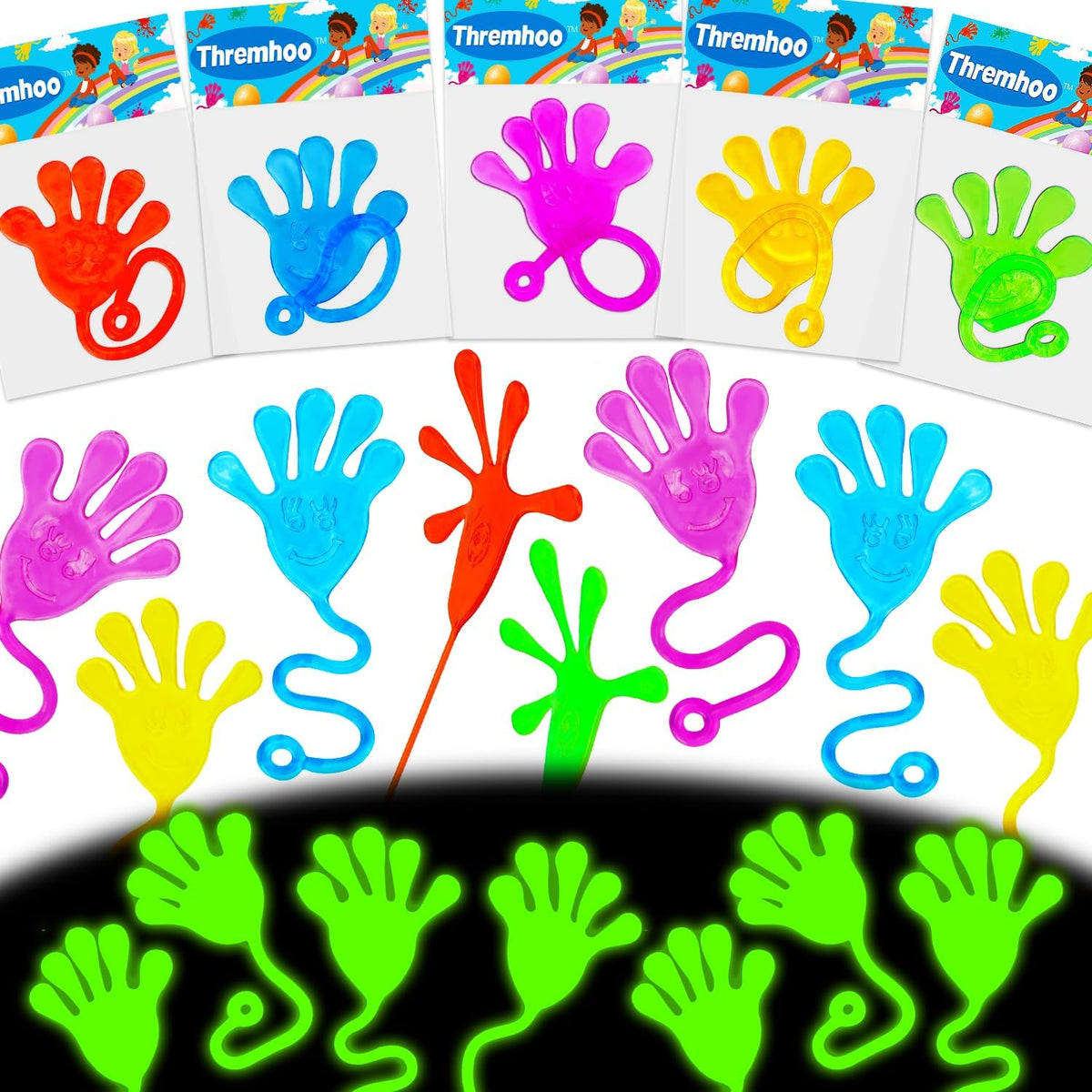 Thremhoo 40 pack glow in the dark sticky hands party favors in red, yellow, blue and purple