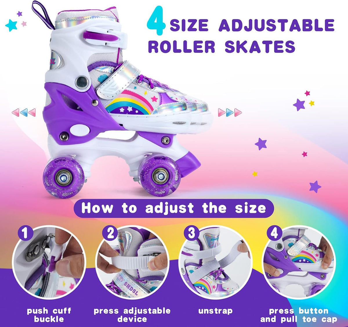 SHDSL pink rainbow light up adjustable roller skates for girls - view 10