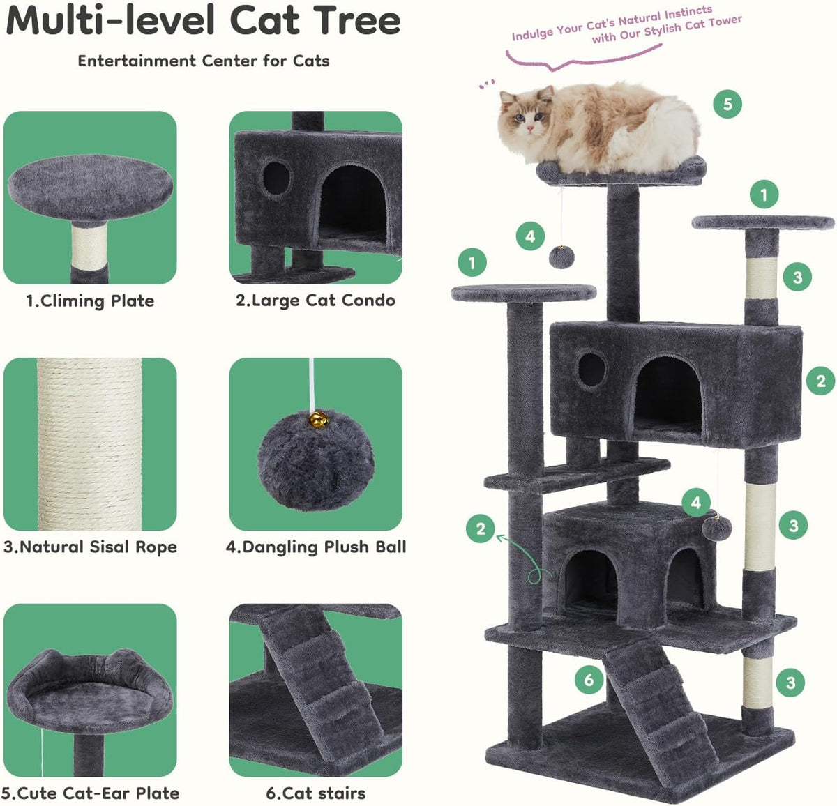 DUMOS 50 Inch Cat Tree Tower with Scratching Posts, Indoor Use – Essentials for Cats - image 3