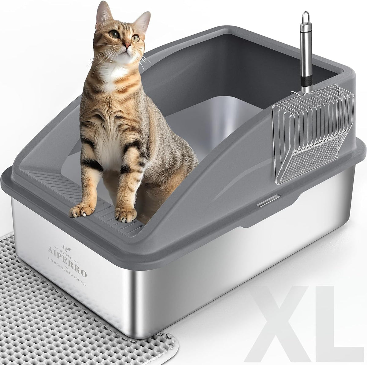 AIPERRO Stainless Steel Litter Box - Dark Grey / X-Large