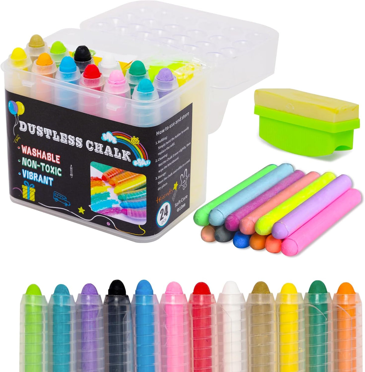 Haoyond dustless chalk for kids in 6 colors with twist-up chalk holders - view 2