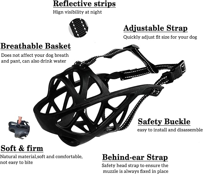 Dog Muzzle, Breathable Basket and Soft Cage Black Dog Mouth Cover,Anti-Biting, Barking and Chewing for Small Medium Large Dogs, 1 Pack Poop Bags for Dogs (Medium)