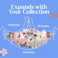 Lilly's Love white macrame stuffed animal hammock hanging in a bedroom corner