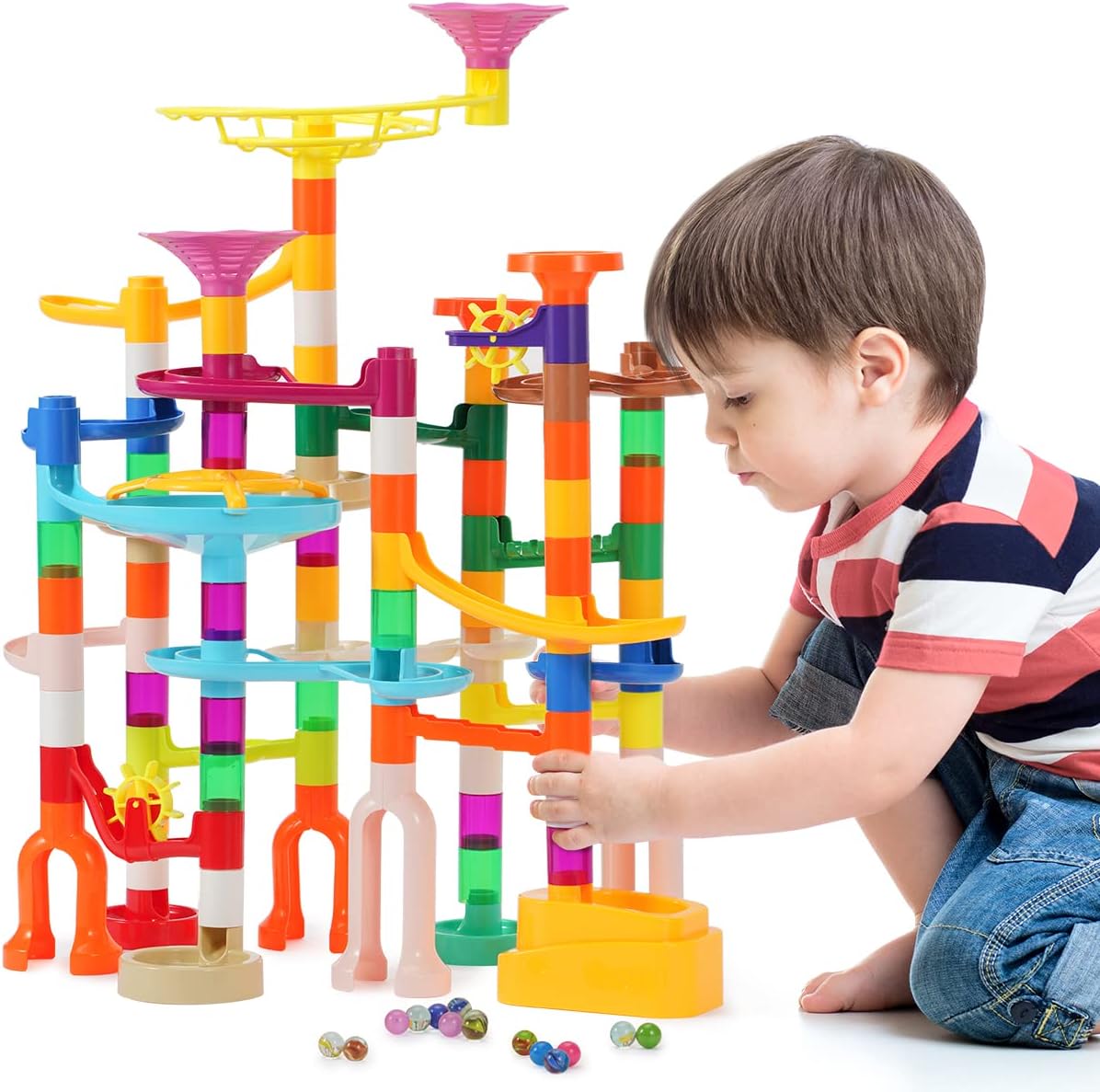 Ifollower Marble Run Kit, 110pcs Marble Maze Game Construction Building Toys for Kids, Marble Track - 166pcs