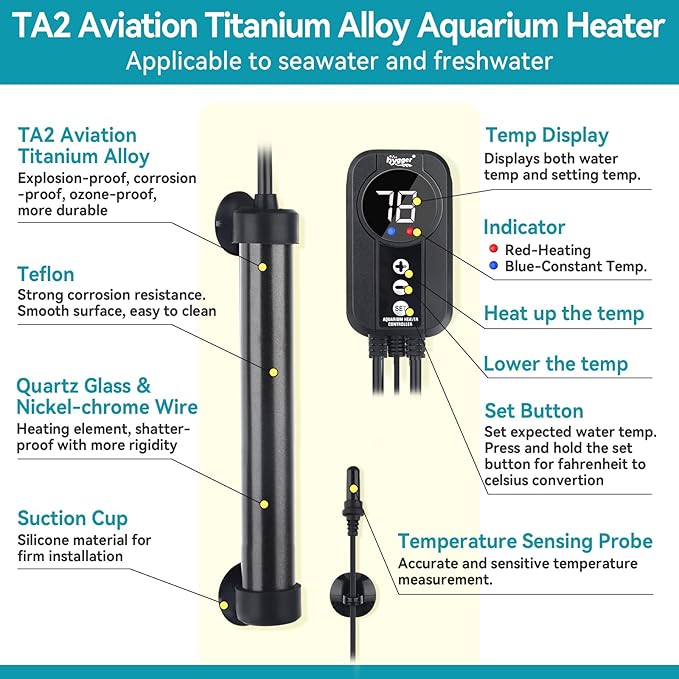 hygger Marine Aquarium Heater 50W 100W 200W 300W 500W,Titanium Heater with Temperature Calibration,Digital LED Controller,Temperature Probe,Submersible Fish Tank Heater for Saltwater Freshwater Tank
