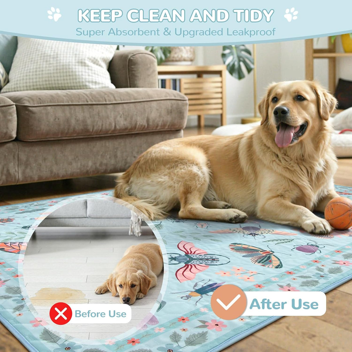 Lahome Botanical Washable Reusable Pee Pads for Dogs, 36x48 - Blue-03 / 3FT x 3FT (Pack of 2) - image 3