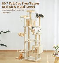 Made4Pets Tall Cat Tree, 80" Cat Tree Tower for Indoor Cats Large Adult, Modern Cat Tower with Scratching Post, Cozy Hammock, 3 Perches and 2 Condos, Sturdy and Fluffy, Beige