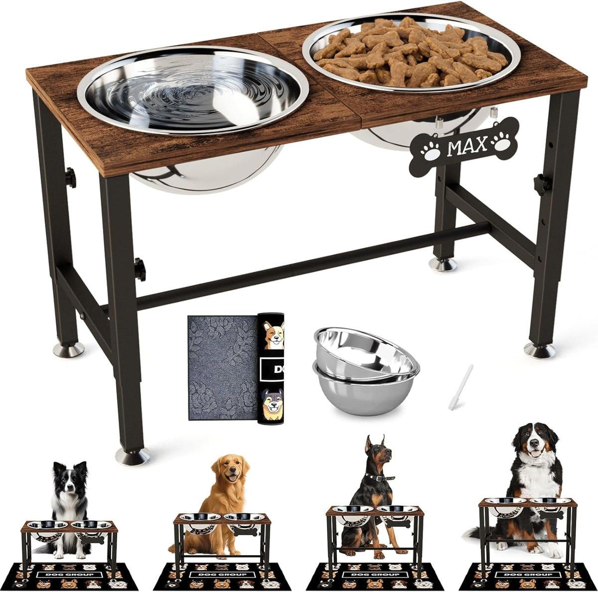 SHAINFUN Elevated Dog Bowls with Slow Feeder & Mat for Medium - Brown-3L