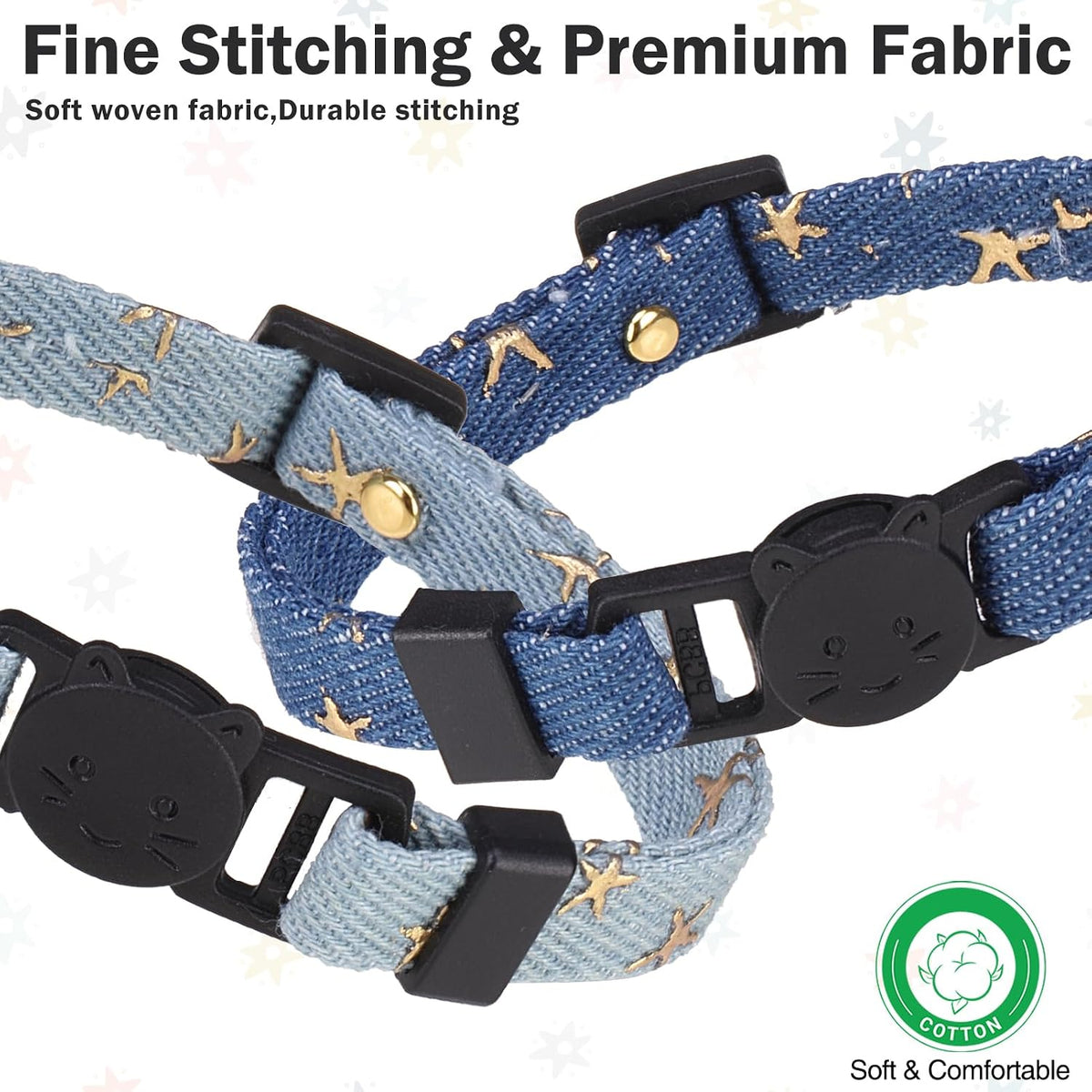 Cat Collar Breakaway, Soft Kitten Collar with Bell, Daisy - Denim (Pack of 3) - image 2