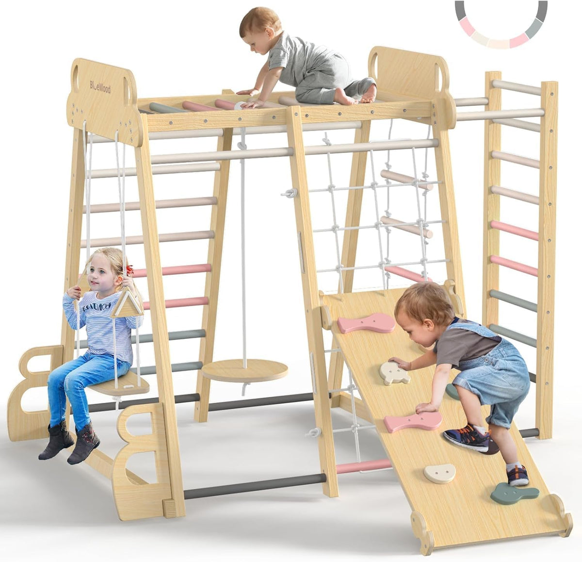 BlueWood Upgraded Indoor Jungle Gym 9-in-1 Playground Kids Climbing - Pink / 9-in-1