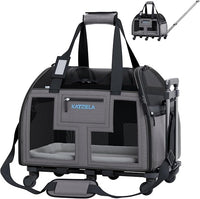 Katziela Airline Approved Pet Carrier - Rolling Portable Travel Carry Crate for Small Dog, Puppy or Cat - Soft Removable Wheeled Design with Mesh Window Sides - Airplane and TSA Compliant (Dark Grey)