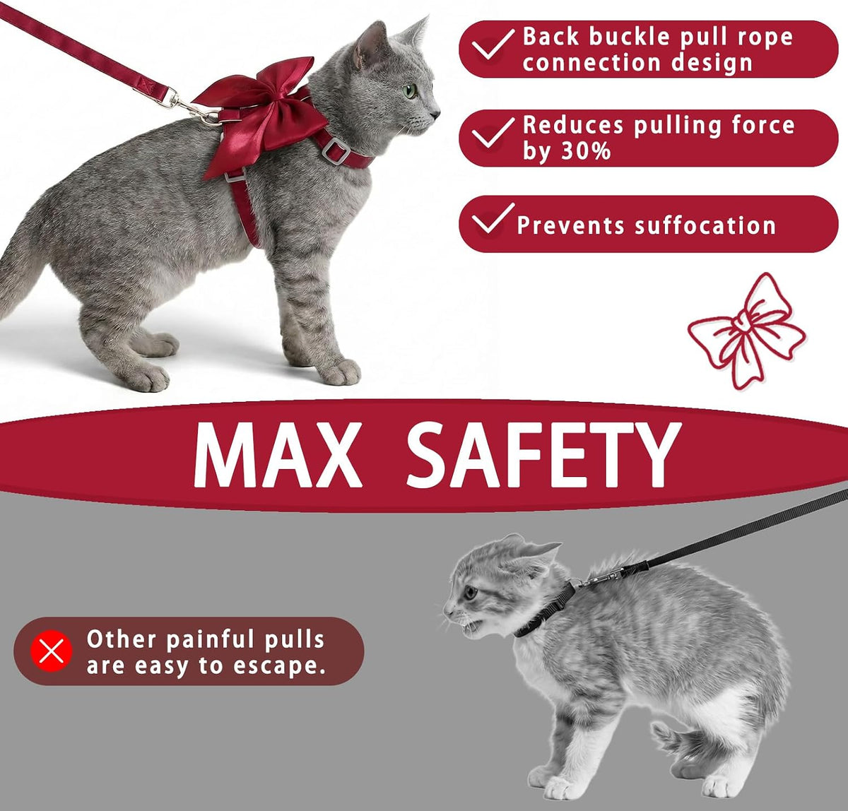 Tensho Pink Bow Cat Harness and Leash Set, Escape Proof - Red Bow / S - image 3