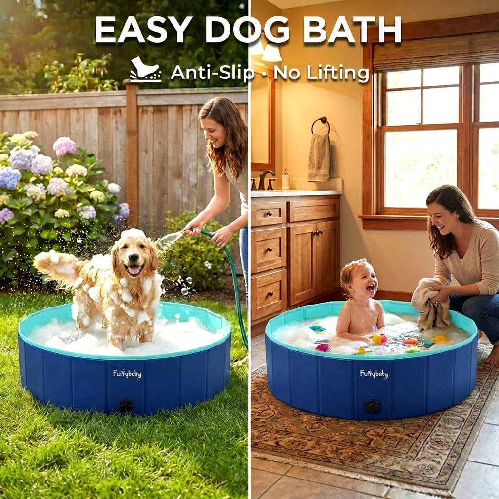 Furrybaby Foldable Dog Pool Non-Slip Hard Bath Tub Indoor Outdoor - 32*9inch / Navy - image 4