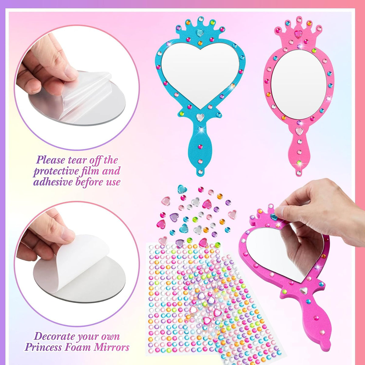Geetery unbreakable kids mirror craft kit, 20 heart and oval foam princess mirrors in pink, blue and - view 7