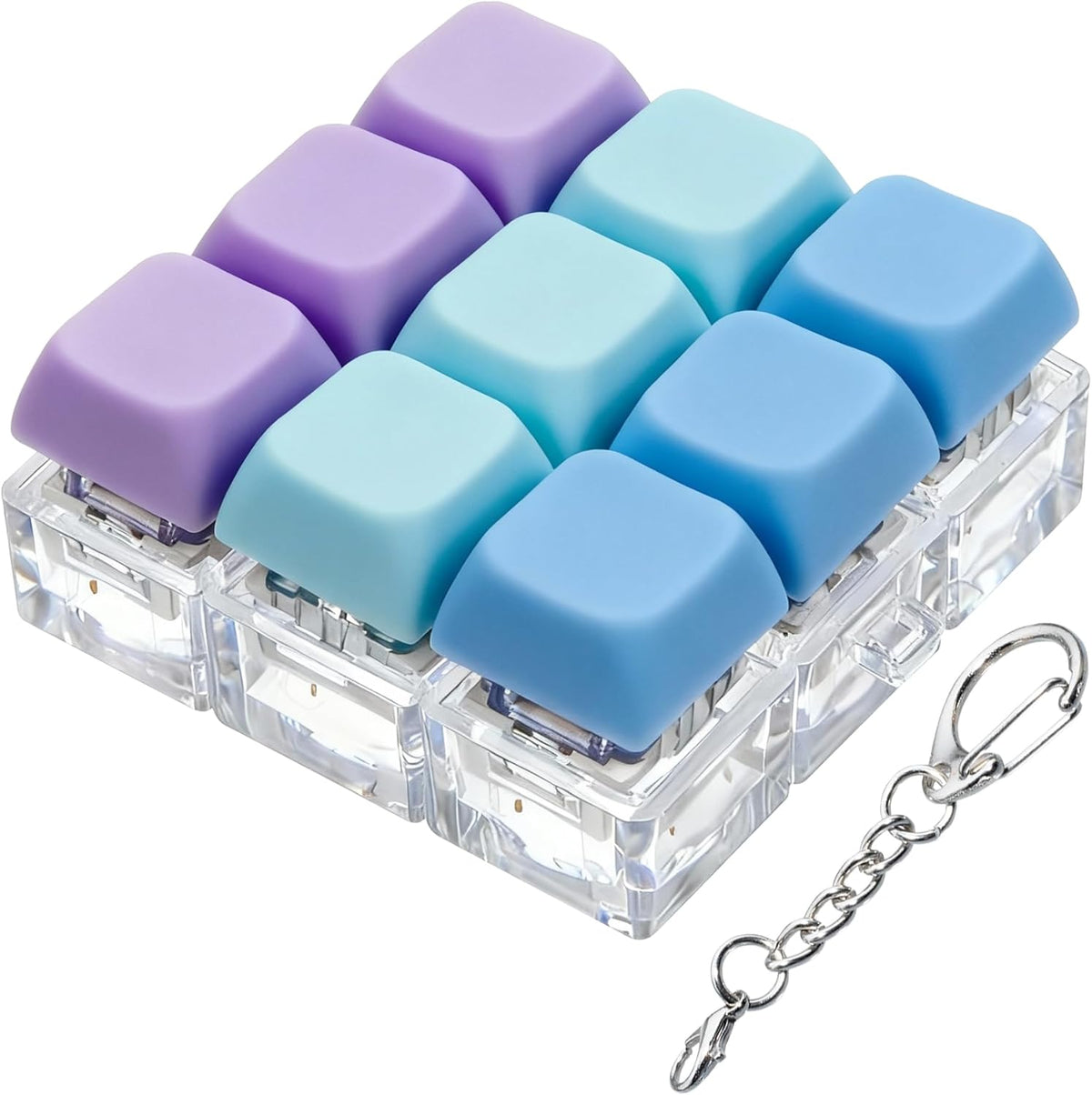 XiawaLangzhuo cat paw keyboard fidget toy, 9-in-1 clicker keychain in white and purple - view 2