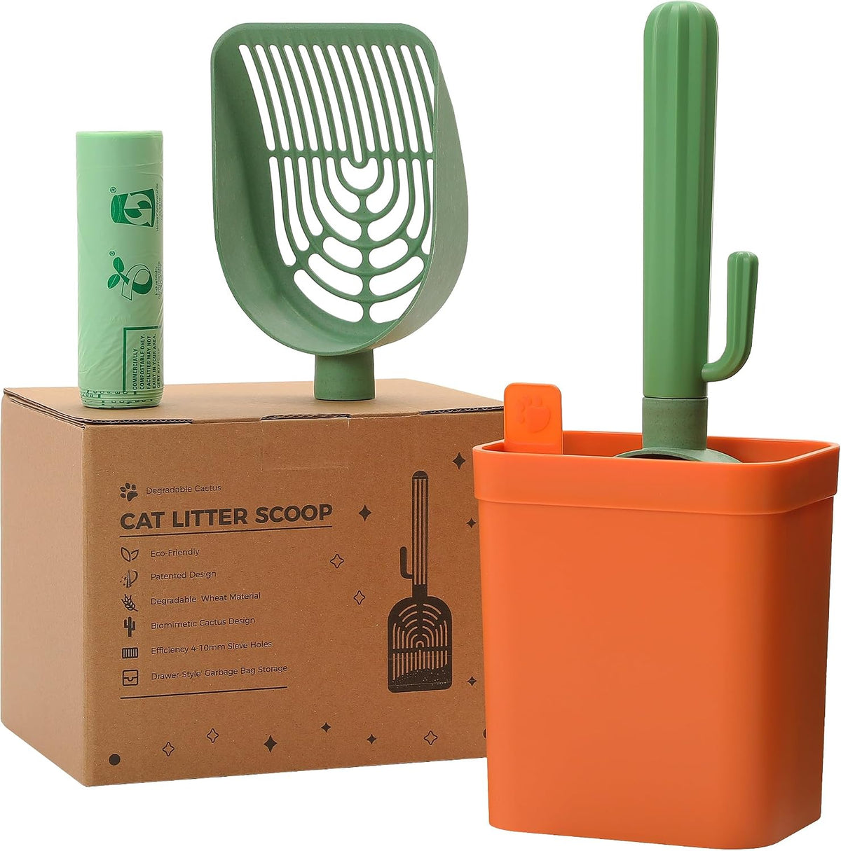 Cactus Cat Litter Scoop with Holder, 2 Replaceable Shovels - Cactus Green / Litter Scoop with 1 Trash Bag