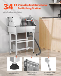 VEVOR Stainless Steel Dog Washing Station, 34 inch Pet Grooming Tub w/Faucet & Showerhead & Soap Holder & Play Balls Simple Dog Bathtub for Multiple Pets, Home Washing Sink