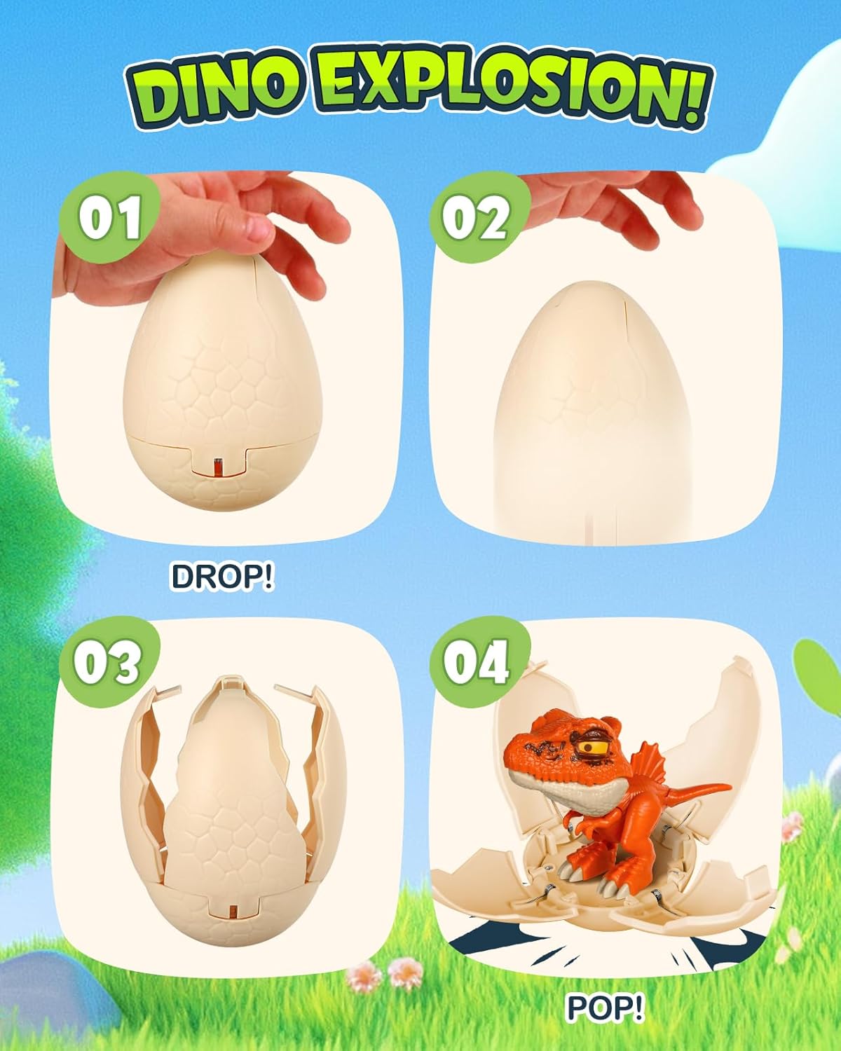 JMHACHY 3-pack jumbo pop-open dinosaur eggs with T-Rex, Spinosaurus and Triceratops - view 3