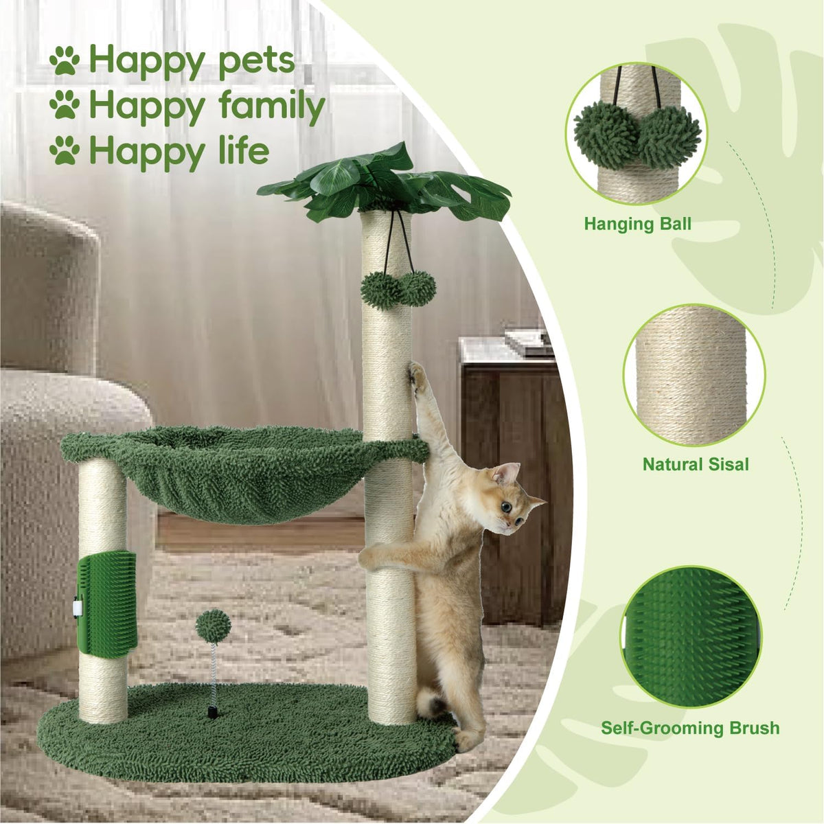 MECOOL Cat Tree for Indoor Cats 35" Tall Cat Scratching Post - 32"-Green - image 2