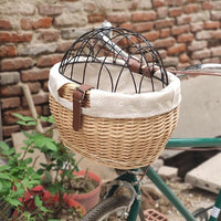 Shiker Basket with Wire Mesh Cover, Wicker Bike Basket for Small Dogs Cats, Front Handlebar Bike Basket, Easy to Detachable, 11.81 x 9.84 inch